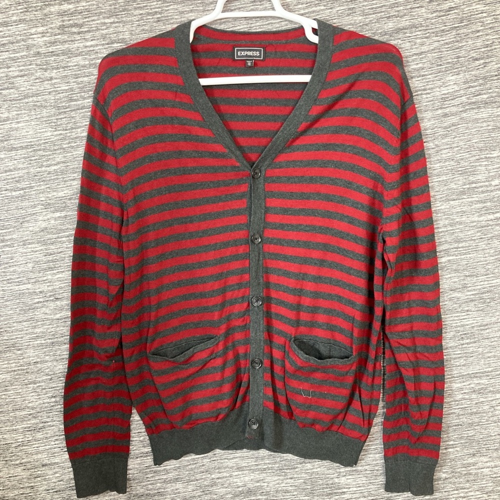 Express Men’s Burgundy Grey Stripes Button Down Cardigan Sweater Long Sleeves